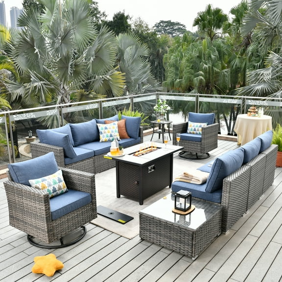 Toject 11 Pcs Paito Furniture Set, Outdoor Furniture Set with Swivel Chairs and Fire Pit (Denim Blue)