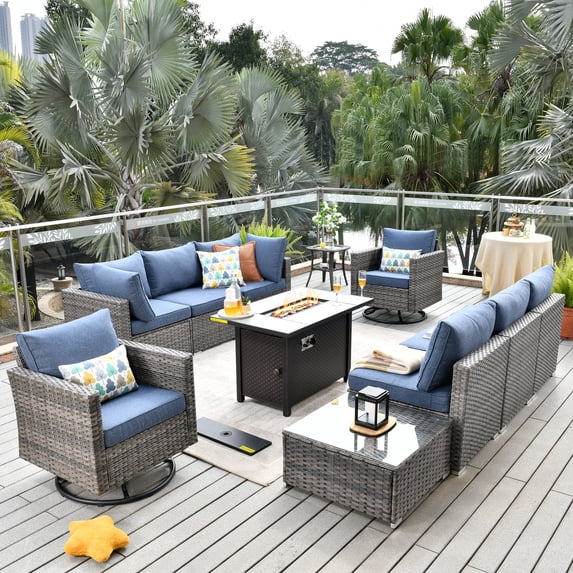 Toject 11 Pieces Outdoor Paito Furniture Set, Outdoor Conversation Sets with Swivel Chairs and Fire Pit Wicker Outside Furniture for Graden Balcony (Denim Blue)