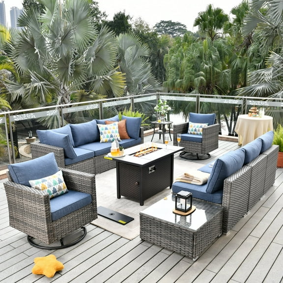 Toject 11 Pieces Outdoor Paito Furniture Set, Outdoor Conversation Sets with Swivel Chairs and Fire Pit Wicker Outside Furniture for Graden Balcony (Denim Blue)