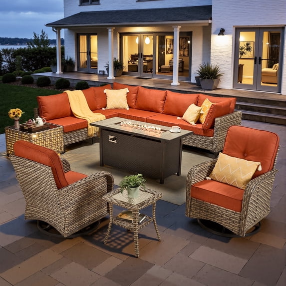 Toject 11 Pieces Patio Furniture Set All Weather Wicker Outdoor Conversation Set with 54" Fire Pit Outside Furniture Patio Sofa with Swivel Chairs & Solar Table, Coarse Orange Red