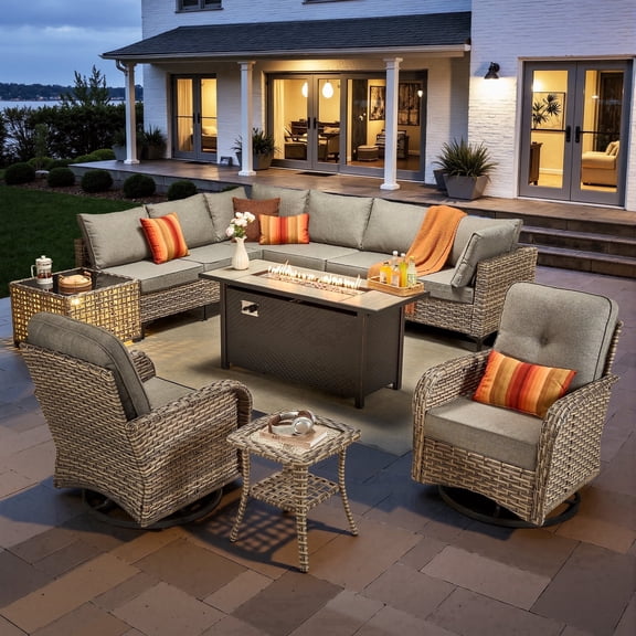 Toject 11 Pieces Patio Furniture Set All Weather Wicker Outdoor Conversation Set with 54" Fire Pit Outside Furniture Patio Sofa with Swivel Chairs & Solar Table, Dark Gray