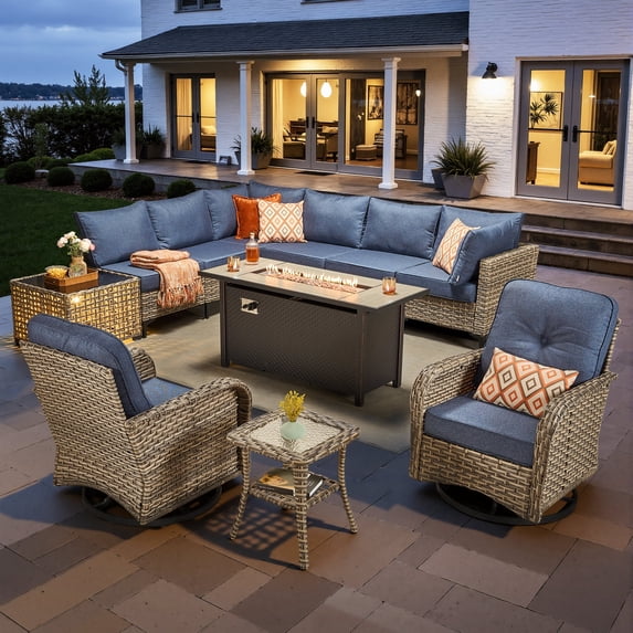 Toject 11 Pieces Patio Furniture Set All Weather Wicker Outdoor Conversation Set with 42" Fire Pit Outside Furniture Patio Sofa with Swivel Chairs & Solar Table, Denim Blue
