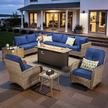 Toject 11 Pieces Patio Furniture Set All Weather Wicker Outdoor Conversation Set with 54" Fire Pit Outside Furniture Patio Sofa with Swivel Chairs & Solar Table, Navy Blue