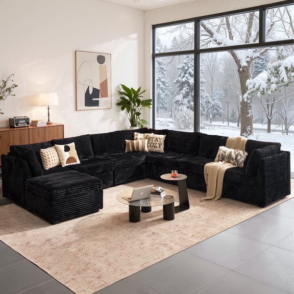 Toject 130" Modular Sectional Couch, 8 Seater U shaped Cloud Couches with Ottoman for Living Room, Black