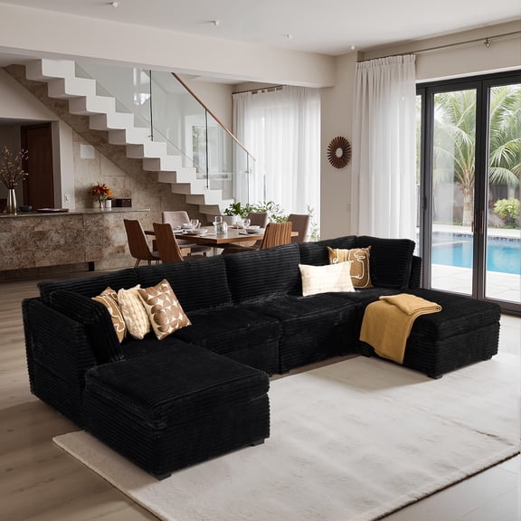 Toject 130" Modular Sectional Couch, Convertible U Shaped Couch with 2 Ottomans, Cloud Sofa with 6 Seater Deep Seat Sofa for Living Room (Black)