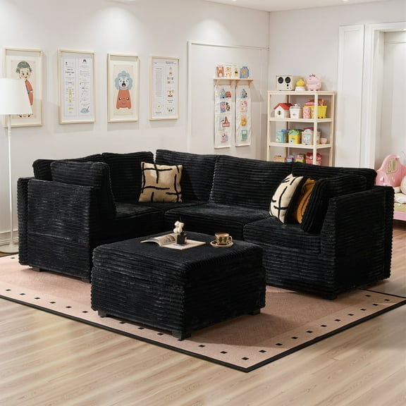 Toject 130" Modular Sectional Sofa Couch, Convertible U Shaped Minimalist Couches with Ottomans, Cloud Plush Corduroy 5 Seater Deep Couch Set for Living Room, Bedroom(Black)