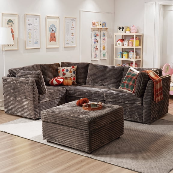 Toject 130" Modular Sectional Sofa Couch, Convertible U Shaped Minimalist Couches with Ottomans, Cloud Plush Corduroy 5 Seater Deep Couch Set for Living Room, Bedroom(Gray)