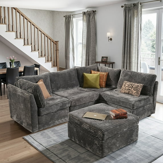 Toject 130" Modular Sectional Sofa Couch, Convertible U Shaped Minimalist Couches with Ottomans, Cloud Plush Corduroy 5 Seater Deep Couch Set for Living Room, Bedroom(Gray)