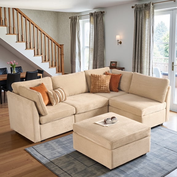 Toject 130" Modular Sectional Couch Couch, Convertible U Shaped Minimalist Couches with Ottomans, Cloud Plush Corduroy 5 Seater Deep Couch Set for Living Room, Bedroom(Beige)