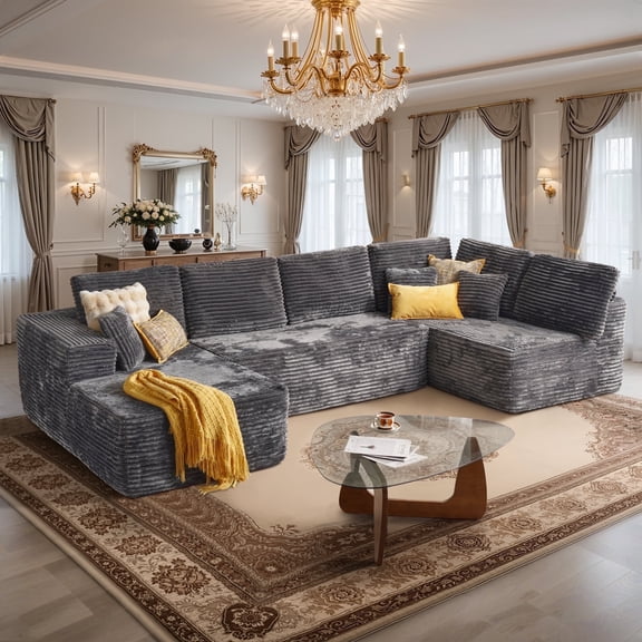 Toject 133" Cloud Sectional Couch, Modern Modular Sleeper Couch with Deep Seat Chaise Lounge, No Assembly Required, Plush Corduroy Sofa Couch for Living Room, Gray