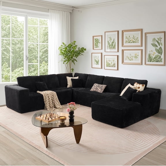 Toject 133" Cloud Sectional Couch, Modern Modular Sleeper Couch with Deep Seat L-Shaped Chaise Lounge, No Assembly Required, Plush Corduroy Sofa Couch for Living Room, Black