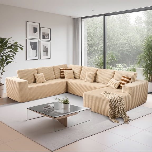 Toject 133" Cloud Sectional Couch, Modern Modular Sleeper Couch with Deep Seat L-Shaped Chaise Lounge, No Assembly Required, Plush Corduroy Sofa Couch for Living Room, Beige