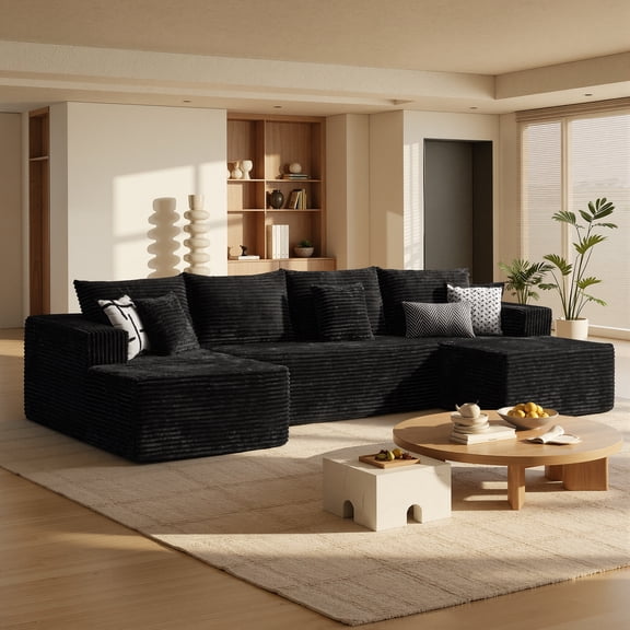Toject 135" Modular Sectional Sofa, Cloud Modern Sleeper Couch with Chaise Lounge, No Assembly Required, U-shaped Plush Corduroy Sofa Couch for Living Room, Black