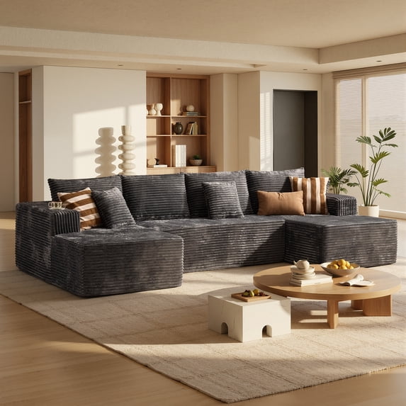 Toject 135" Modular Sectional Sofa, Cloud Modern Sleeper Couch with Chaise Lounge, No Assembly Required, U-shaped Plush Corduroy Sofa Couch for Living Room, Gray