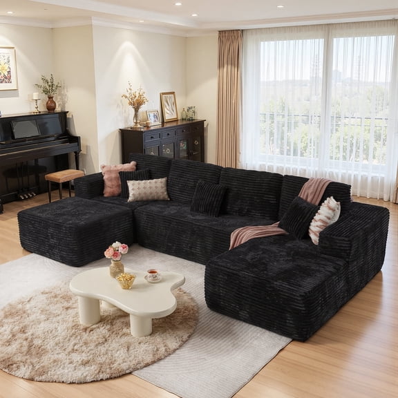 Toject 135" Cloud Sectional Couch, Modern Modular Sleeper Couch with Deep Seat Chaise Lounge, No Assembly Required, Plush Corduroy Sofa Couch with Ottoman for Living Room, Black