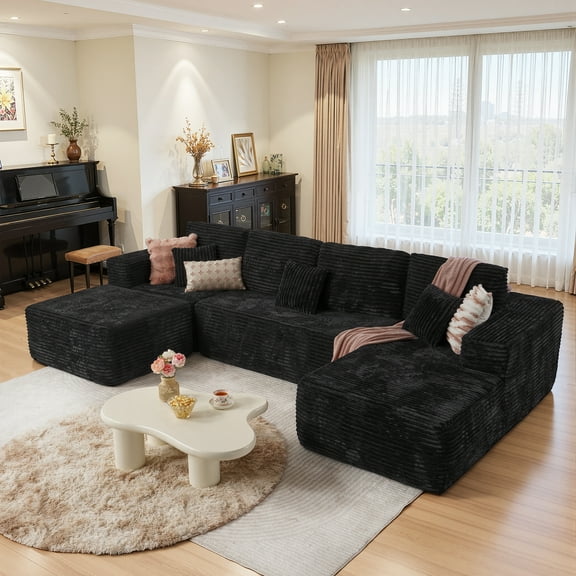 Toject 135" Cloud Sectional Couch, Modern Modular Sleeper Couch with Deep Seat Chaise Lounge, No Assembly Required, Plush Corduroy Sofa Couch with Ottoman for Living Room, Black
