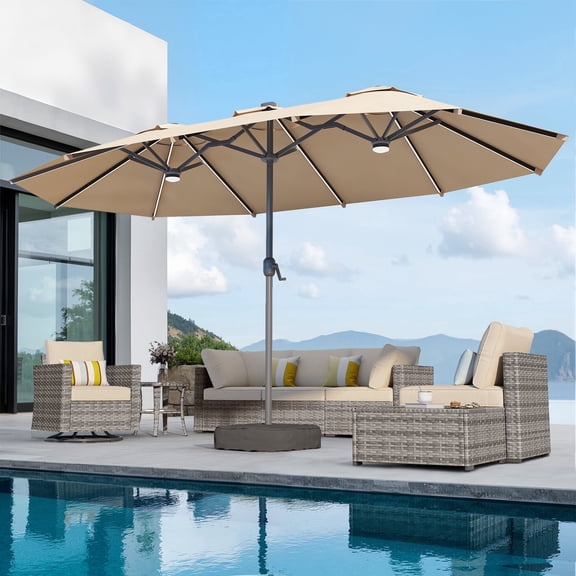 Toject 15ft Large Patio Umbrellas, Double-Sided Outdoor Market Rectangle Umbrellas, Extra Pool Umbrellas for Deck, Backyard, Outside (Tan, Base Included)
