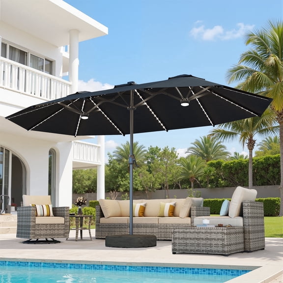 Toject 15ft Large Patio Umbrellas with Solar Lights, Double-Sided Outdoor Market Rectangle Umbrellas with 36 LED Lights for Backyard, Outside(Dark Grey, Base Included)