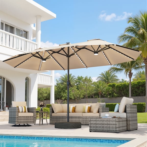 Toject 15ft Large Patio Umbrellas with Solar Lights, Double-Sided Outdoor Market Rectangle Umbrellas with 36 LED Lights for Backyard, Outside(Tan, Base Included)