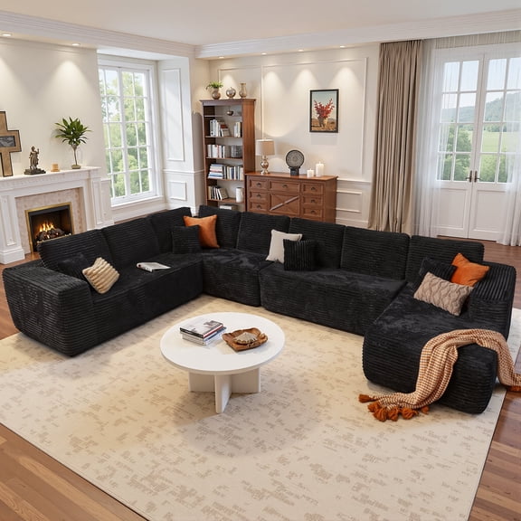 Toject 221" Cloud Sectional Couch, Modern Modular Sleeper Couch with Deep Seat Chaise Lounge, No Assembly Required, Plush Corduroy Sofa Couch for Living Room, Black