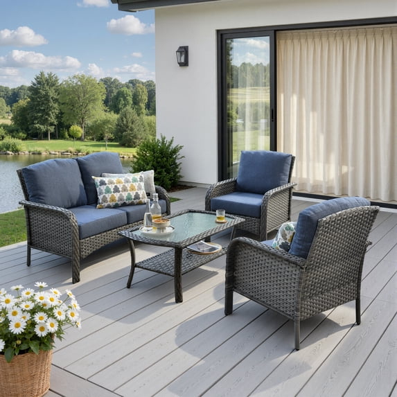 Toject 4-Piece Wicker Patio Conversation Set with Loveseat Chairs & Coffee Table High Back All-Weather Rattan for Backyard Porch Denim Blue