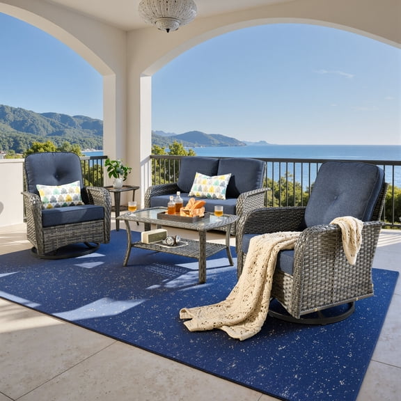 Toject 5 Piece Wicker Patio Conversation Set with Swivel Rocking Chairs Loveseat & Coffee Table High Back All-Weather Rattan for Backyard Porch Denim Blue