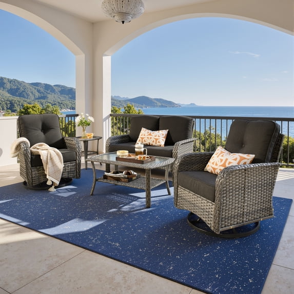 Toject 5 Piece Wicker Patio Conversation Set with Swivel Rocking Chairs Loveseat & Coffee Table High Back All-Weather Rattan for Backyard Porch Black