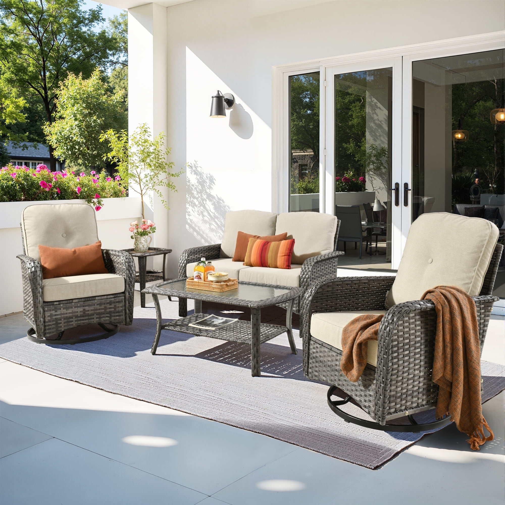 Toject 5 Pieces Outdoor Patio Furniture Set, High Back Conversation Set with Swivel Chairs, All-Weather Wicker Furniture Set for Porch, Balcony (Beige)