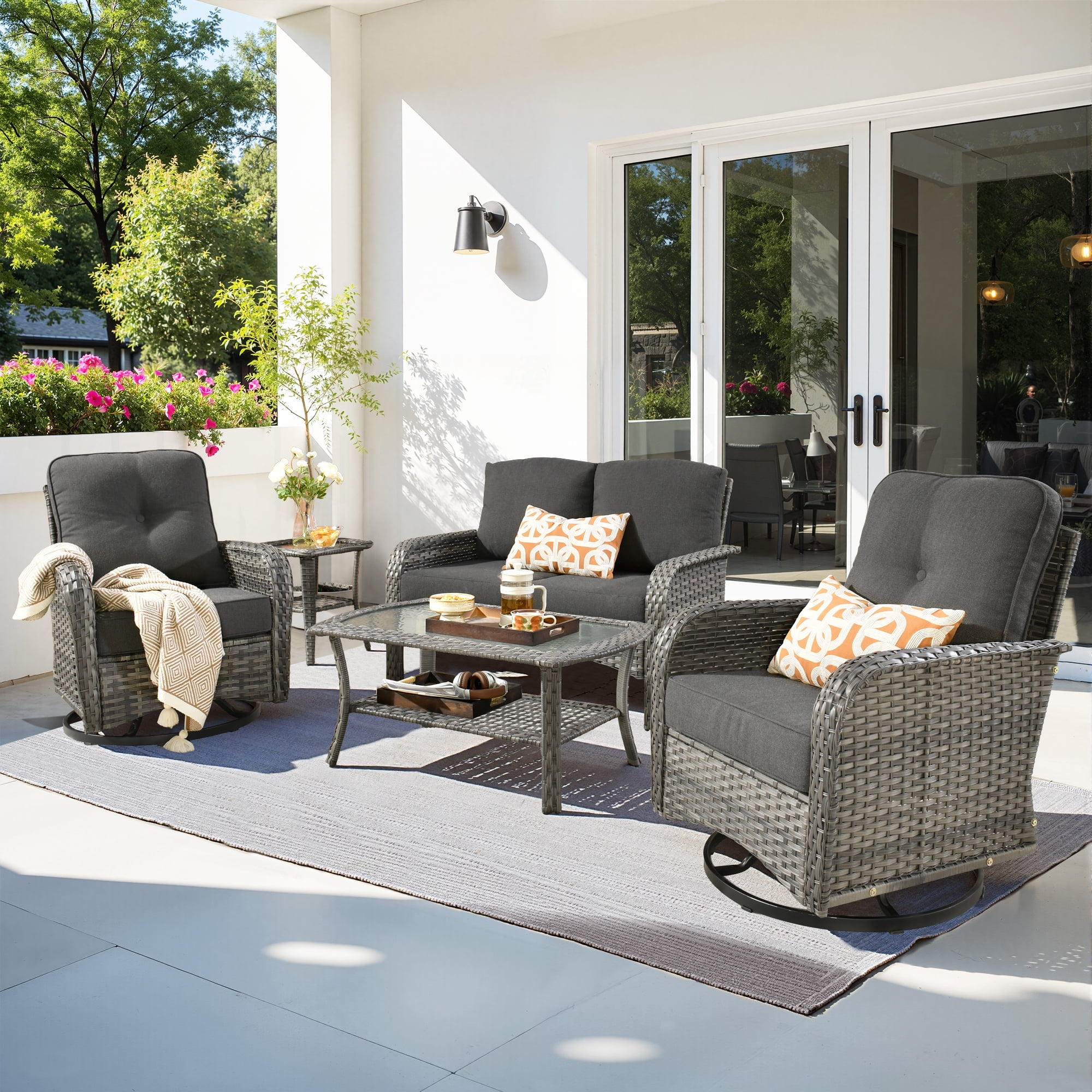 Toject 5 Pieces Outdoor Patio Furniture Set, High Back Conversation Set with Swivel Chairs, All-Weather Wicker Furniture Set for Porch, Balcony (Black)