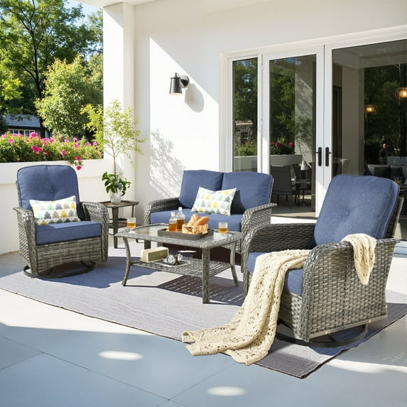 Toject 5 Pieces Outdoor Patio Furniture Set, High Back Conversation Set with Swivel Chairs, All-Weather Wicker Furniture Set for Porch, Balcony (Denim Blue)