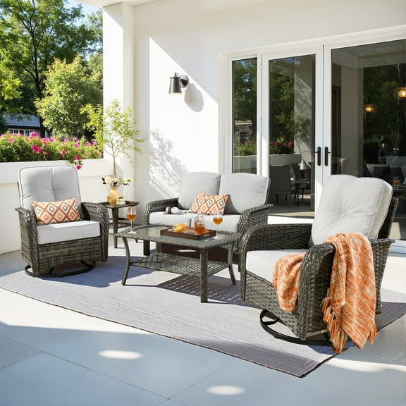Toject 5 Pieces Outdoor Patio Furniture Set, High Back Conversation Set with Swivel Chairs, All-Weather Wicker Furniture Set for Porch, Balcony (Gray)