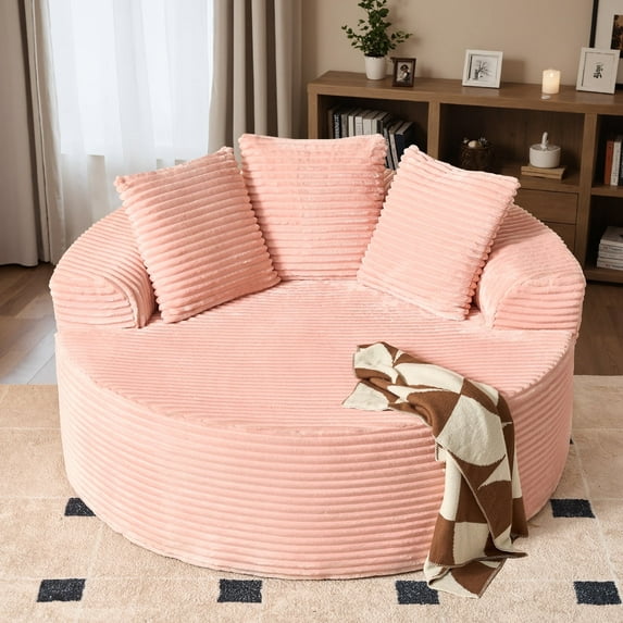 Toject 58" Oversized Round Chaise Lounge Sofa, Modern Deep Seat Sleeper Loveseat with 3 Pillow, No Assembly Required, Sofa Bed for Living Room, Bedroom, Pink