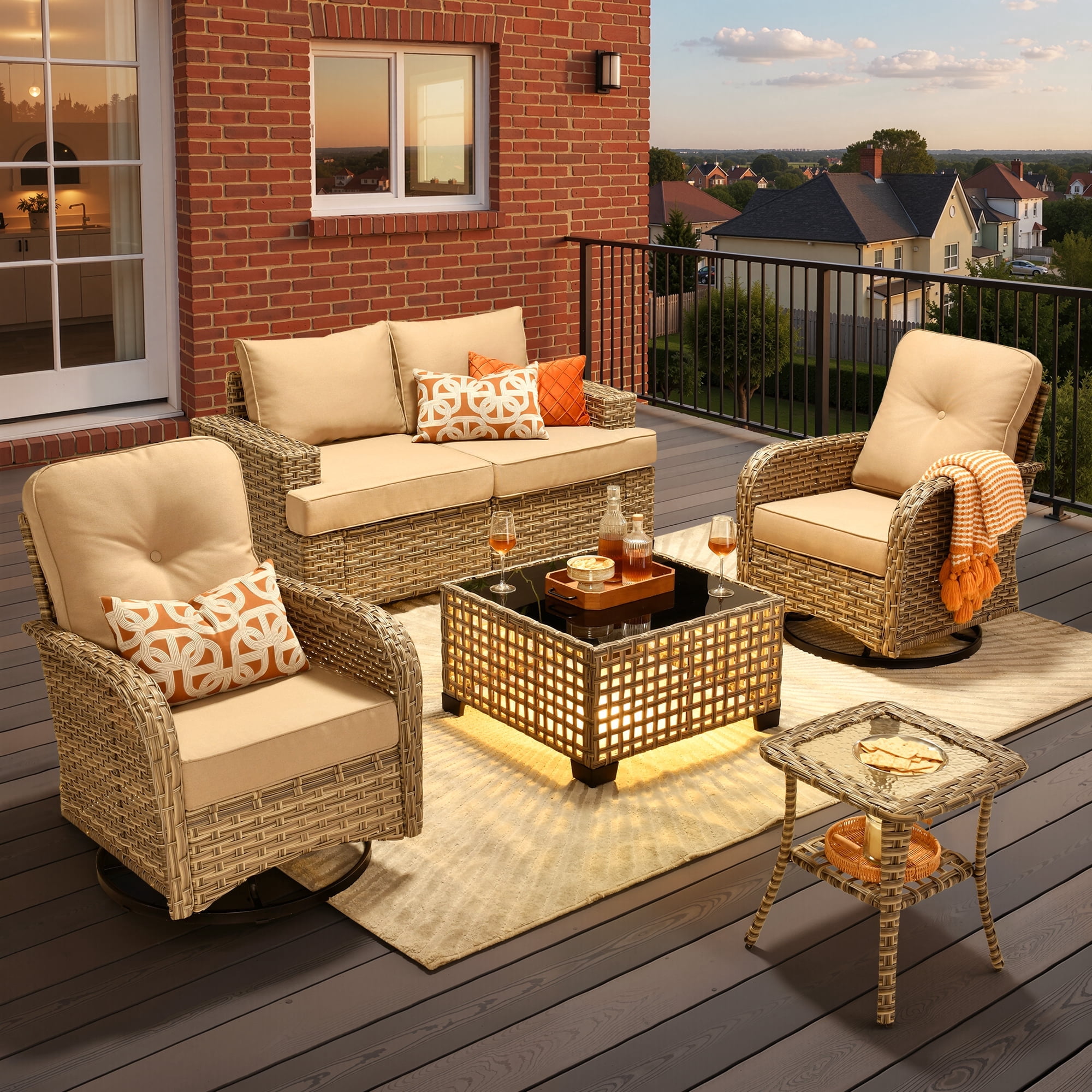 Toject 6 Pieces Patio Furniture Set, All Weather Wicker Patio Conversation Set with Swivel Chairs, Outdoor Furniture for Garden, Beige