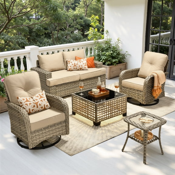 Toject 6 Pieces Patio Furniture Set, All Weather Wicker Patio Conversation Set with Swivel Chairs, Outdoor Furniture for Garden, Beige