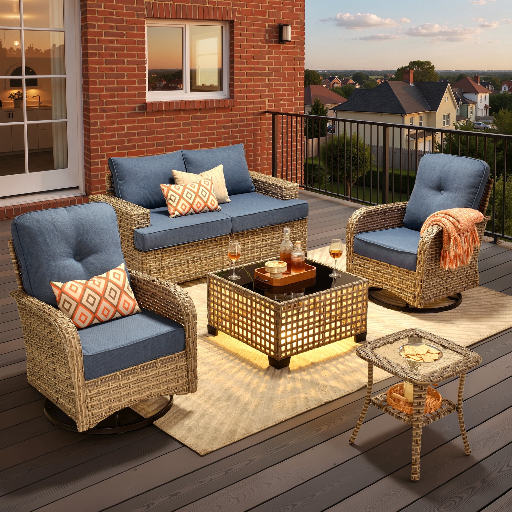 Toject 6 Pieces Patio Furniture Set, All Weather Wicker Patio Conversation Set with Swivel Chairs, Outdoor Furniture for Garden, Denim Blue