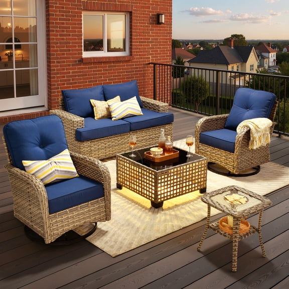 Toject 6 Pieces Patio Furniture Set, All Weather Wicker Patio Conversation Set with Swivel Chairs, Outdoor Furniture for Garden, Navy Blue