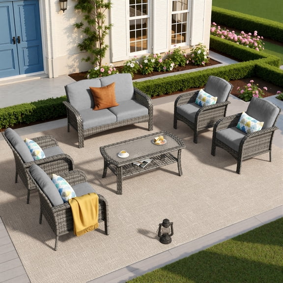 Toject 6 Pieces Patio Furniture Set, Wicker Outside Furniture with Loveseat Table Chairs Set for Porch, All-Weather High Back Outdoor Conversation Set for Backyard, Dark Gray