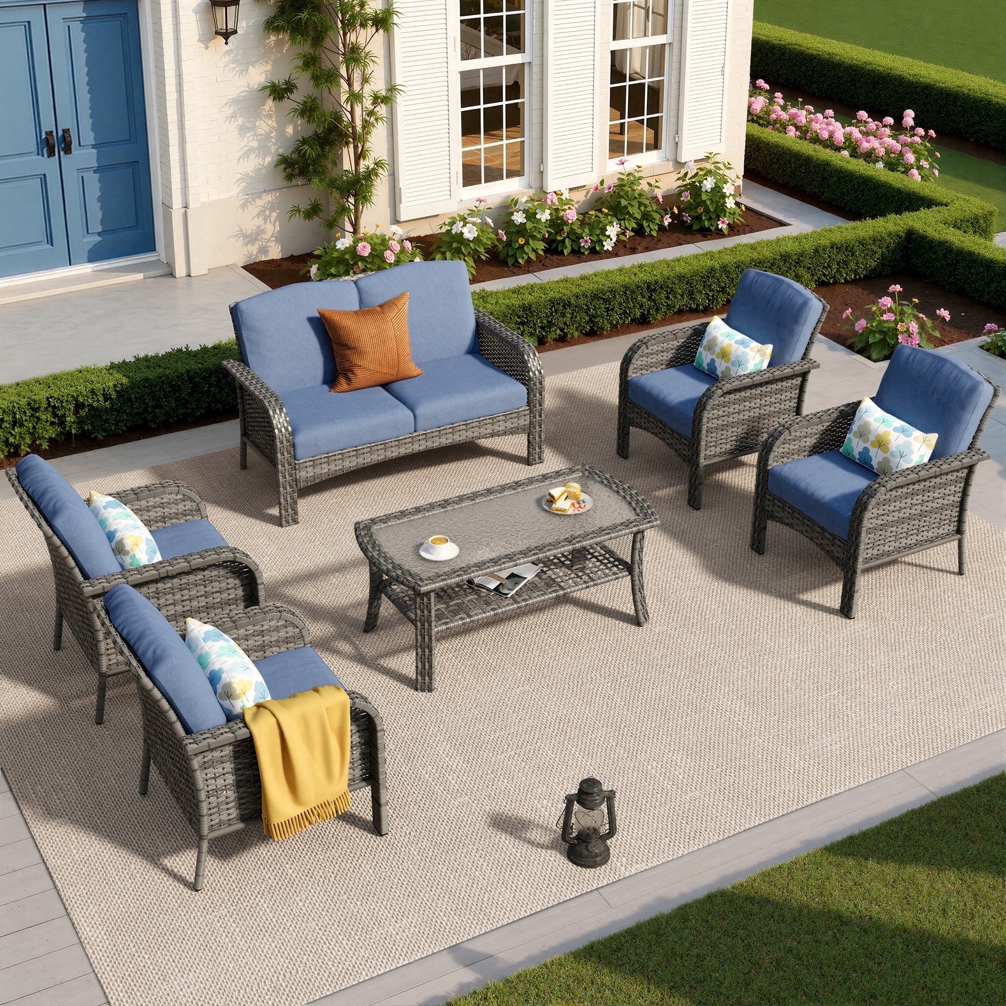Toject 6 Pieces Patio Furniture Set, Wicker Outside Furniture with Loveseat Table Chairs Set for Porch, All-Weather High Back Outdoor Conversation Set for Backyard, Denim Blue