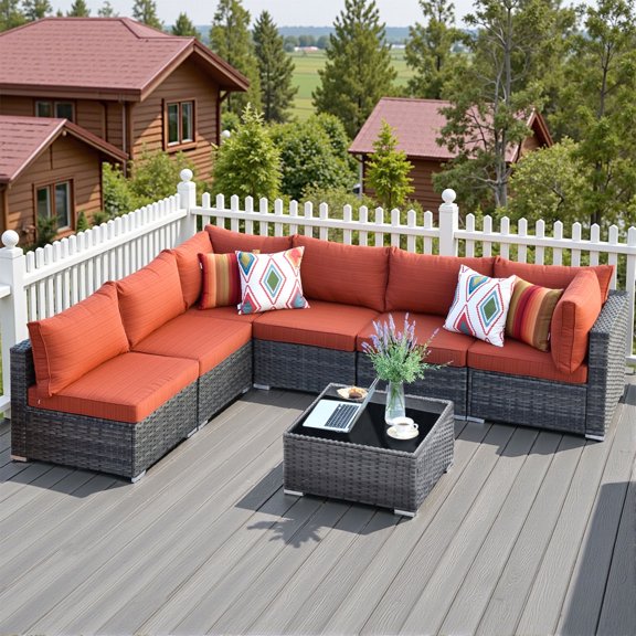 Toject 7 Pieces Outdoor Paito Furniture Set, Outdoor Conversation Sets Wicker Outside Furniture for Graden Balcony (Orange Red)