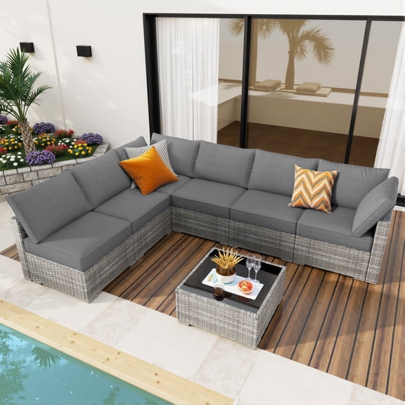 Toject 7 Pieces Outdoor Paito Furniture Set, Outdoor Conversation Sets Wicker Outside Furniture for Graden Balcony (Dark Gray)