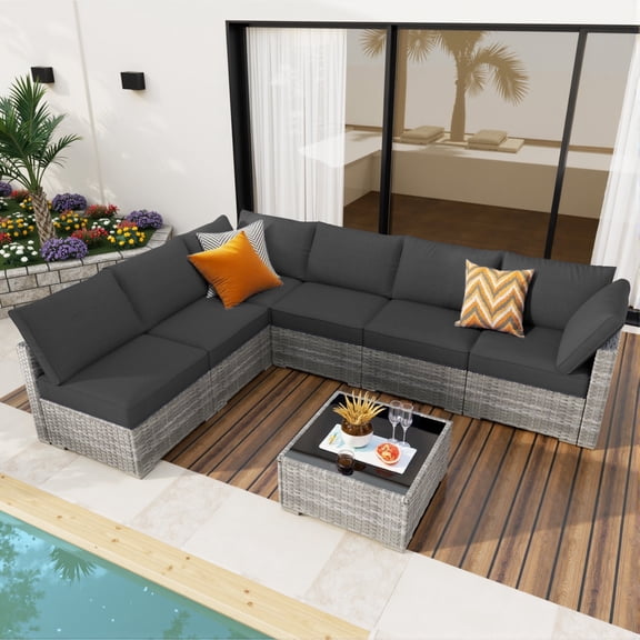 Toject 7 Pieces Outdoor Paito Furniture Set, Outdoor Conversation Sets Wicker Outside Furniture for Graden Balcony (Black)