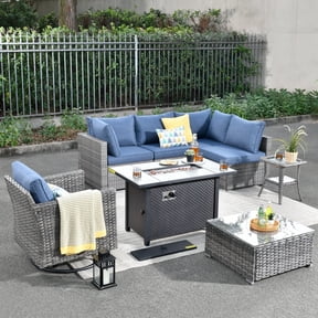 Toject 8 Pcs Paito Furniture Set, Outdoor Furniture Set with Swivel Chairs and Fire Pit (Denim Blue)