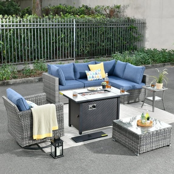Toject 8 Pcs Paito Furniture Set, Outdoor Furniture Set with Swivel Chairs and Fire Pit (Denim Blue)