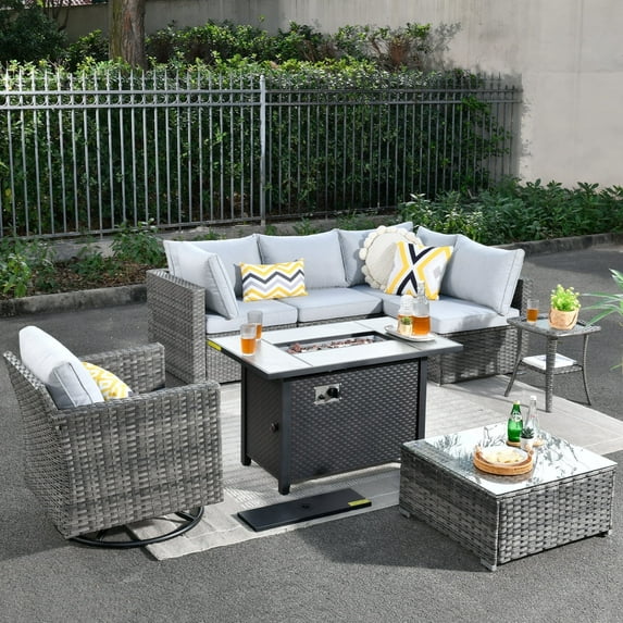 Toject 8 Pieces Outdoor Paito Furniture Set, Outdoor Conversation Sets with Swivel Chairs and Fire Pit Wicker Outside Furniture for Graden Balcony (Gray)