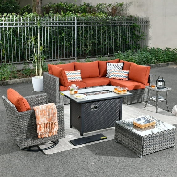 Toject 8 Pcs Paito Furniture Set, Outdoor Furniture Set with Swivel Chairs and Fire Pit (Orange Red)