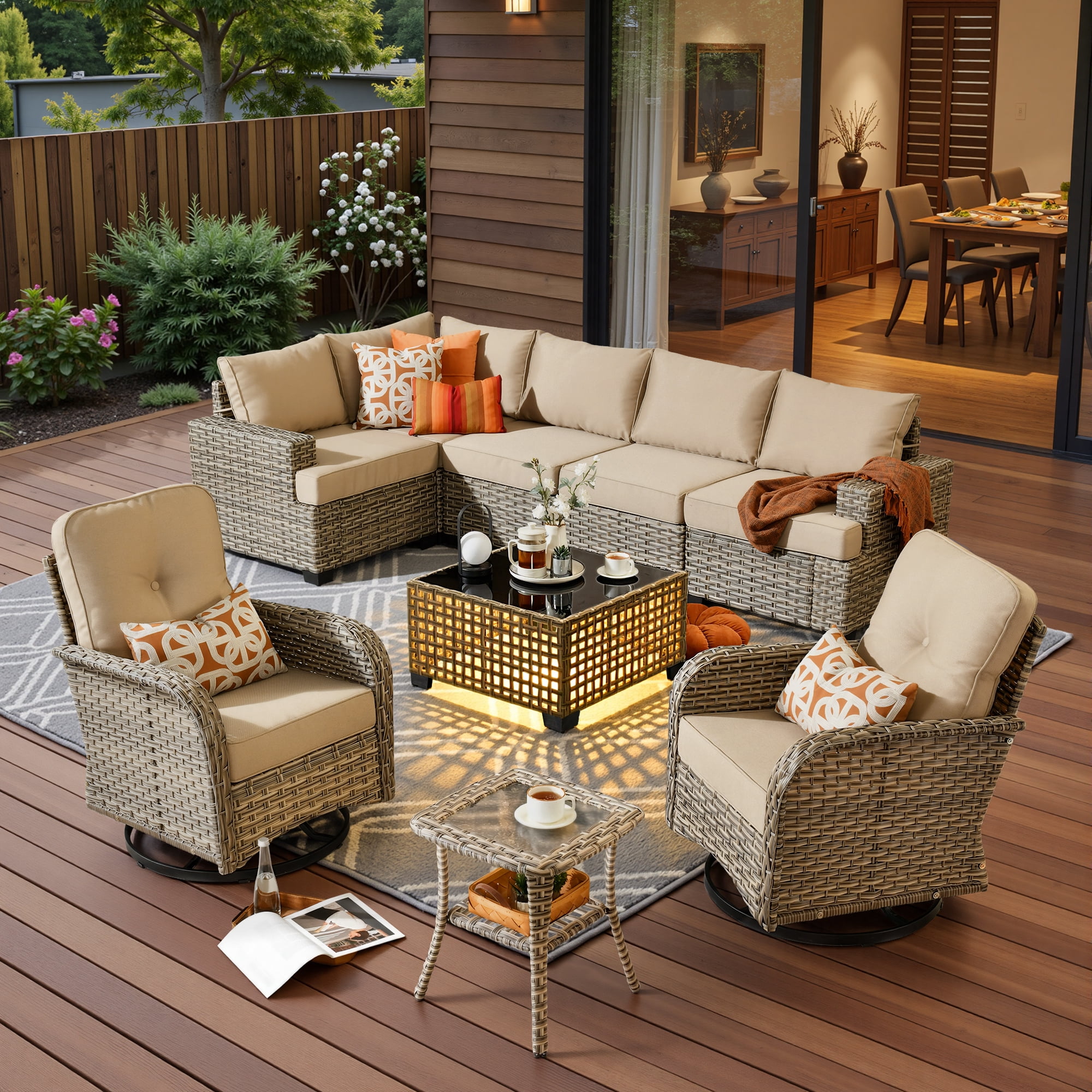 Toject 9 Pieces Patio Furniture Set Outside Furniture Wicker Patio Conversation Set with Swivel Chairs, Outdoor Furniture for Garden, Beige
