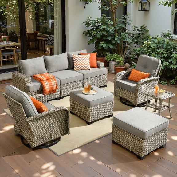 Toject 8 Pieces Patio Furniture Set, All Weather Wicker Patio Conversation Set with Swivel Chairs, Outdoor Furniture with Ottoman for Garden, Dark Gray