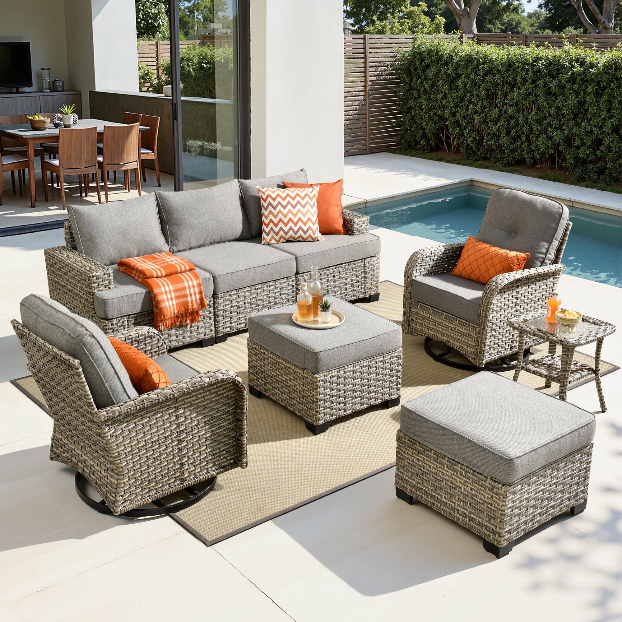 Toject 8 Pieces Patio Furniture Set, All Weather Wicker Patio Conversation Set with Swivel Chairs, Outdoor Furniture with Ottoman for Garden, Dark Gray