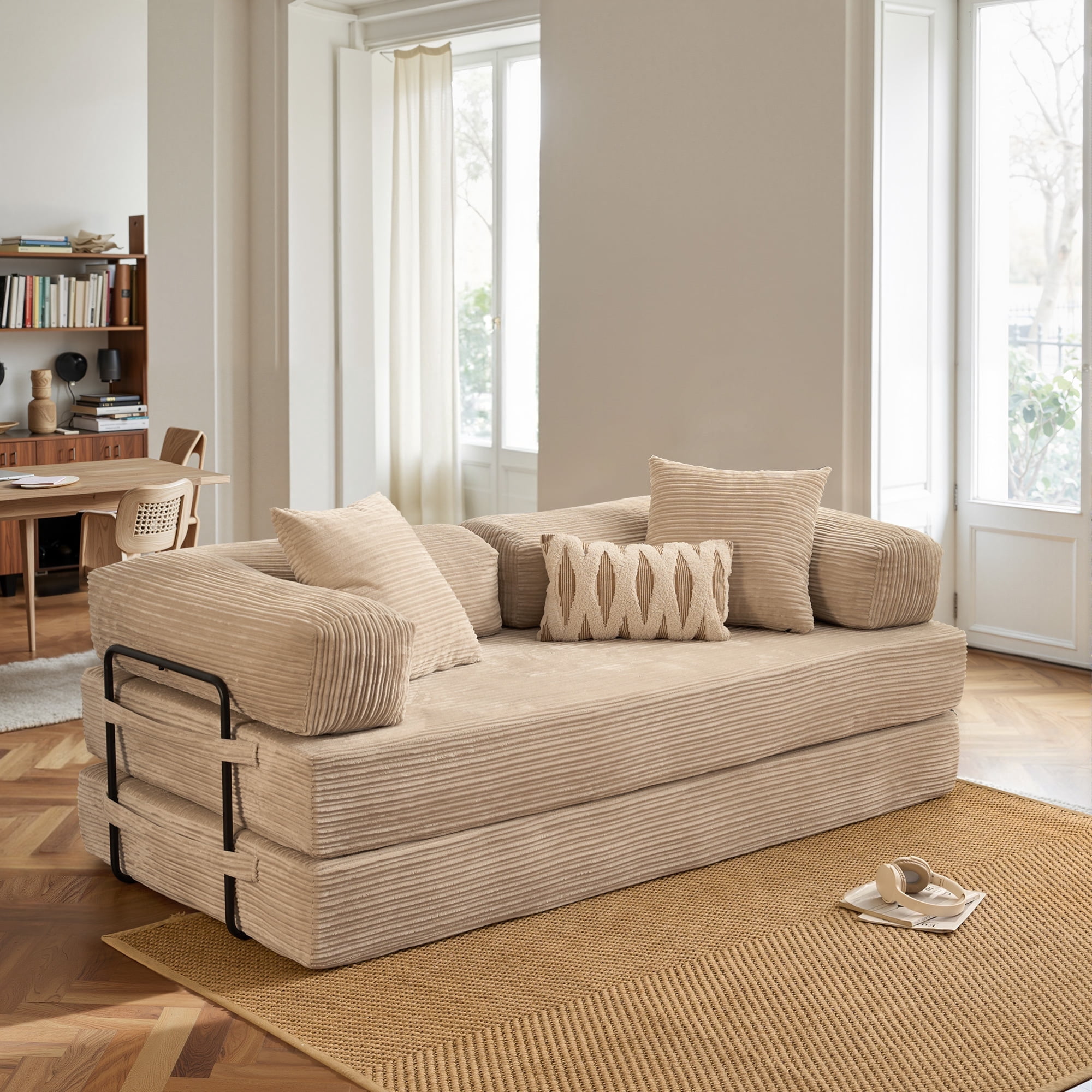 Toject 81" Convertible Sleeper Sofa Bed, Cloud Corduroy Floor Couch with Pillow, Comfy Foldable Couch Sofa Bed for Living Room, Bedroom, Beige