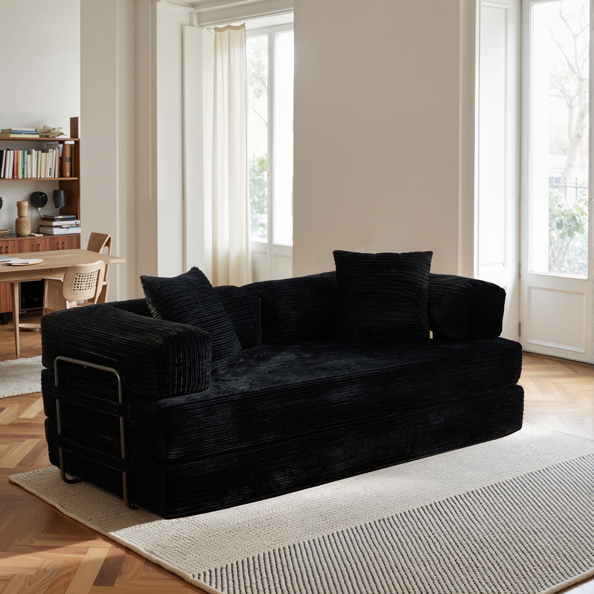 Toject 81" Convertible Sleeper Sofa Bed, Cloud Corduroy Floor Couch with Pillow, Comfy Foldable Couch Sofa Bed for Living Room, Bedroom, Black